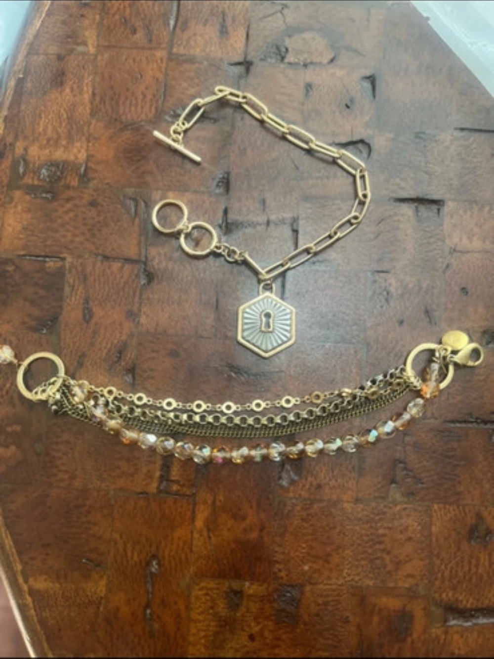 Gold Tone Layered Charm Bracelet with Keyhole Pendant